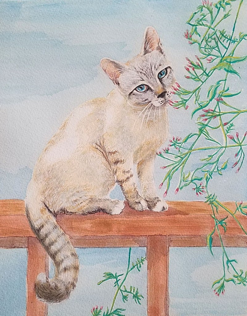 Watercolor painting of a white cat on a rail sniffing a plant